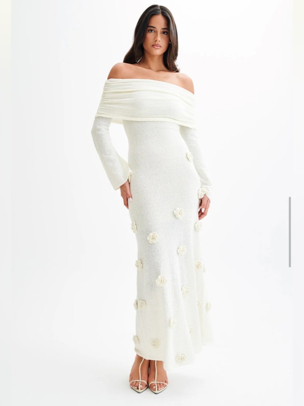 Meshki Kiki Off-Shoulder Ivory Floral Applique Gown